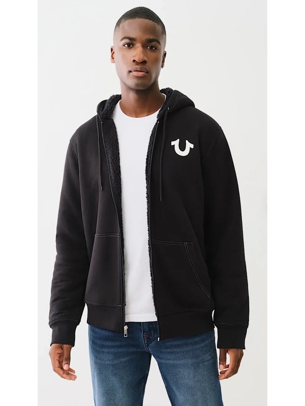 NWT True Religion Sherpa Puff Print Logo Zip Hoodie size M